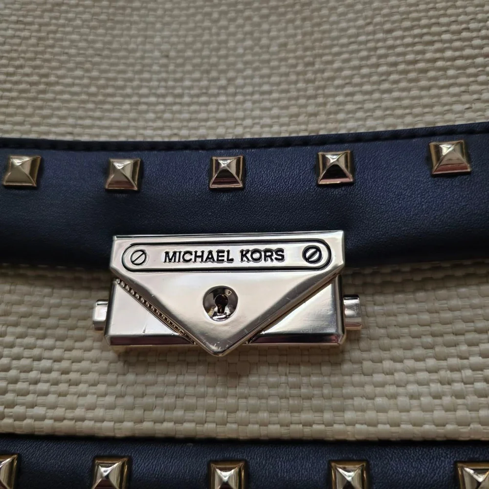 Michael Kors Studded Straw & Leather Crossbody Bag Tan/Black One Size - Picture 13 of 15